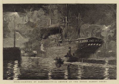 Éclairage des docks par électricité, une esquisse aux Royal Albert Docks - William Lionel Wyllie